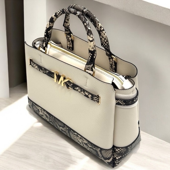 Michael Kors Large Reed CZ Belted Satchel Bag Light Cream Multi - Picture 7 of 12